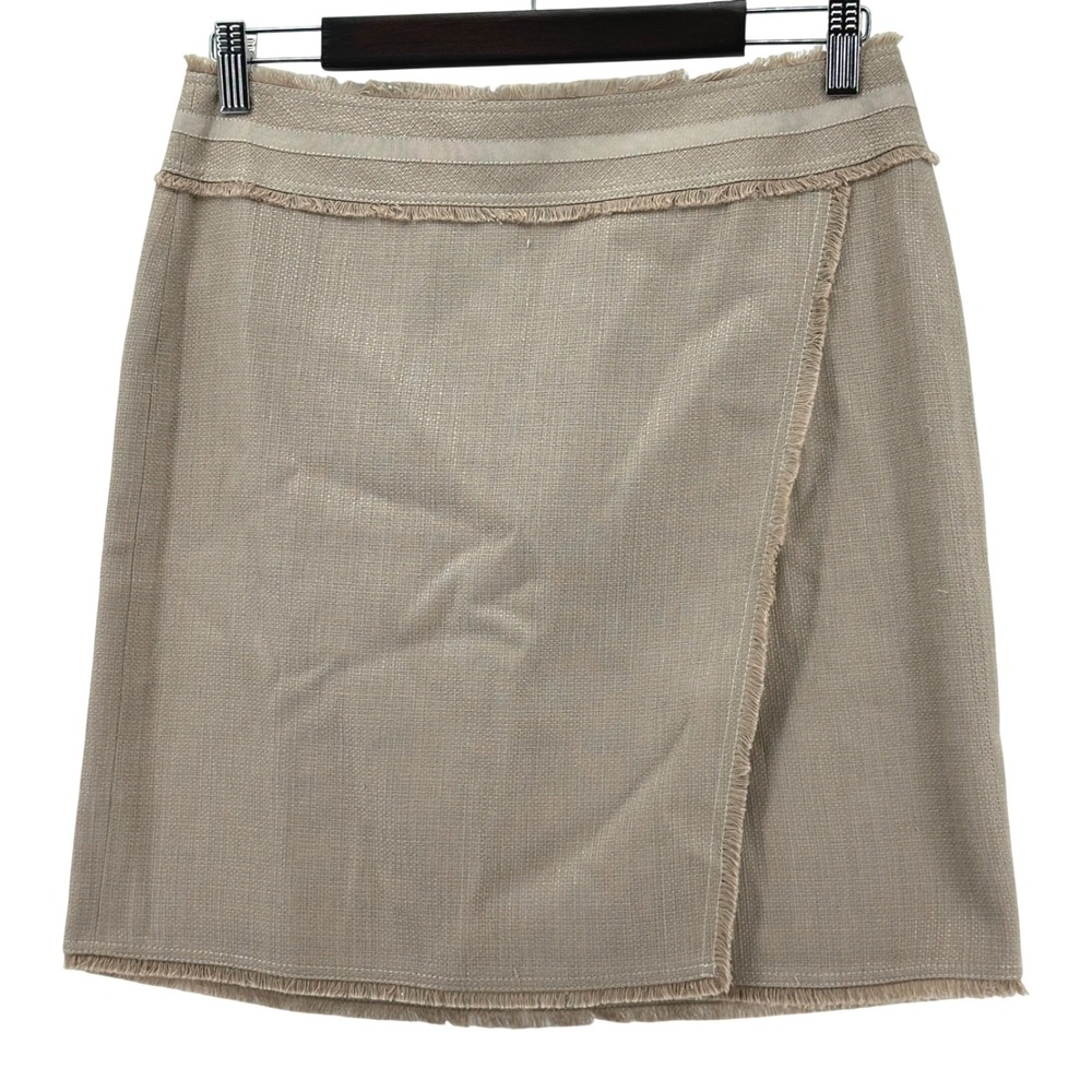 Ann Taylor Wrap Skirt Women 8P Beige NEW Fringe Trim Textured Career 85105775